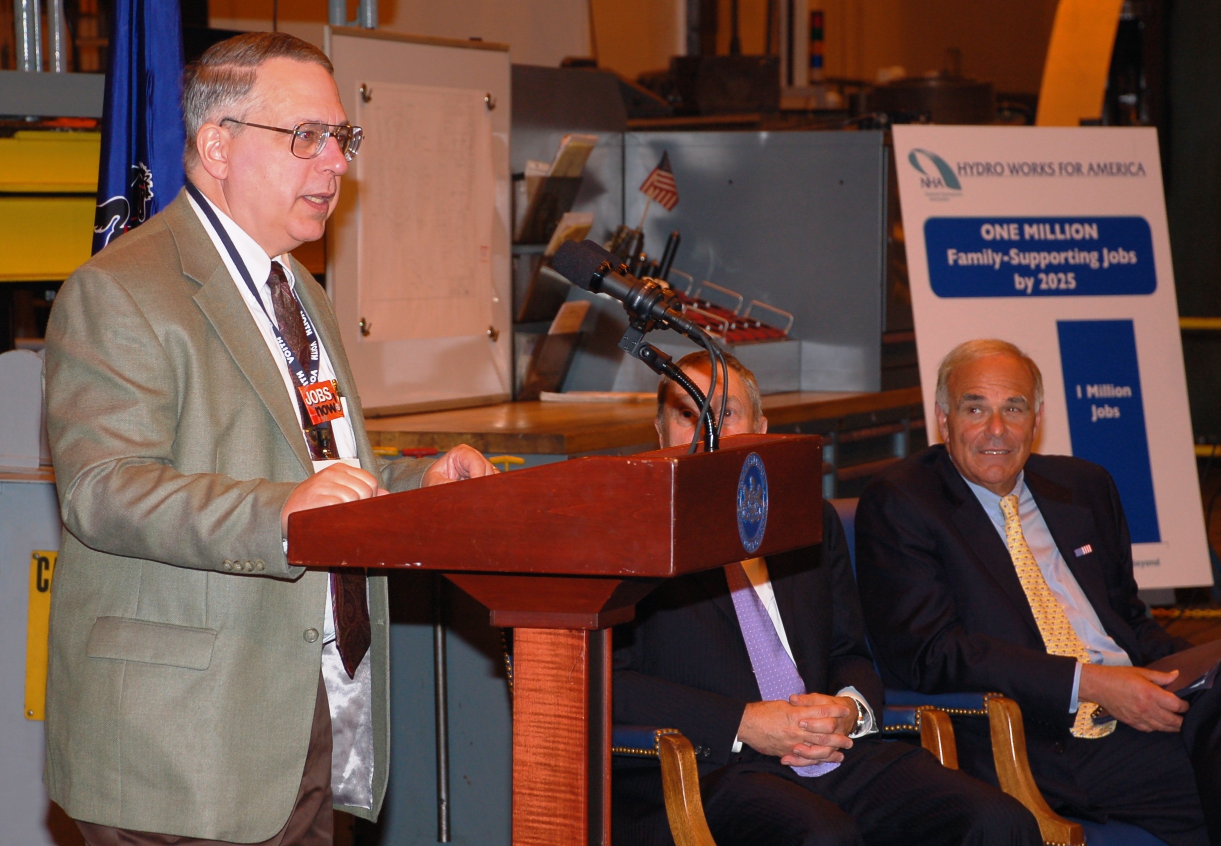 Jim Lauter gives remarks at Voith Hydro last year as PA Governor Ed Rendell looks on.