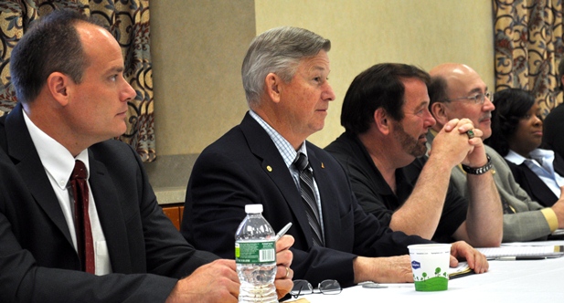 Shoulder to shoulder for the opening round of IAM contract negotiations with Bath Iron Works in Freeport, ME. (left to right) Eastern Territory Chief of Staff Brian Bryant, Eastern Territory GVP Lynn D. Tucker, Jr., District 4 DBR Joe Flanders, International President Tom Buffenbarger, Chief of Staff to the International President Diane Babineaux.