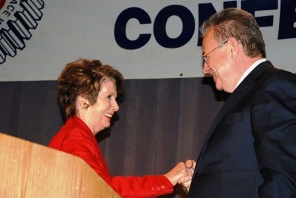 House Democratic Leader Nancy Pelosi (CA) congratulates retiring Headquarters General Vice President Rich Michalski after her speech at the 2013 IAM Legislative Conference.