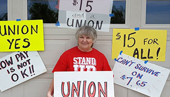 Mary Bay, pictured, and her husband Retired Midwest Territory General Vice President Alex Bay were arrested last week during a “Fight For $15” protest in Kansas City.