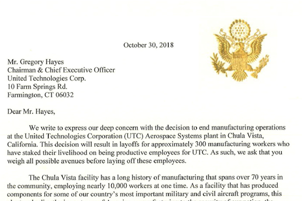 California U.S. Senators Dianne Feinstein and Kamala Harris Urge UTC to Keep Production in Chula Vista