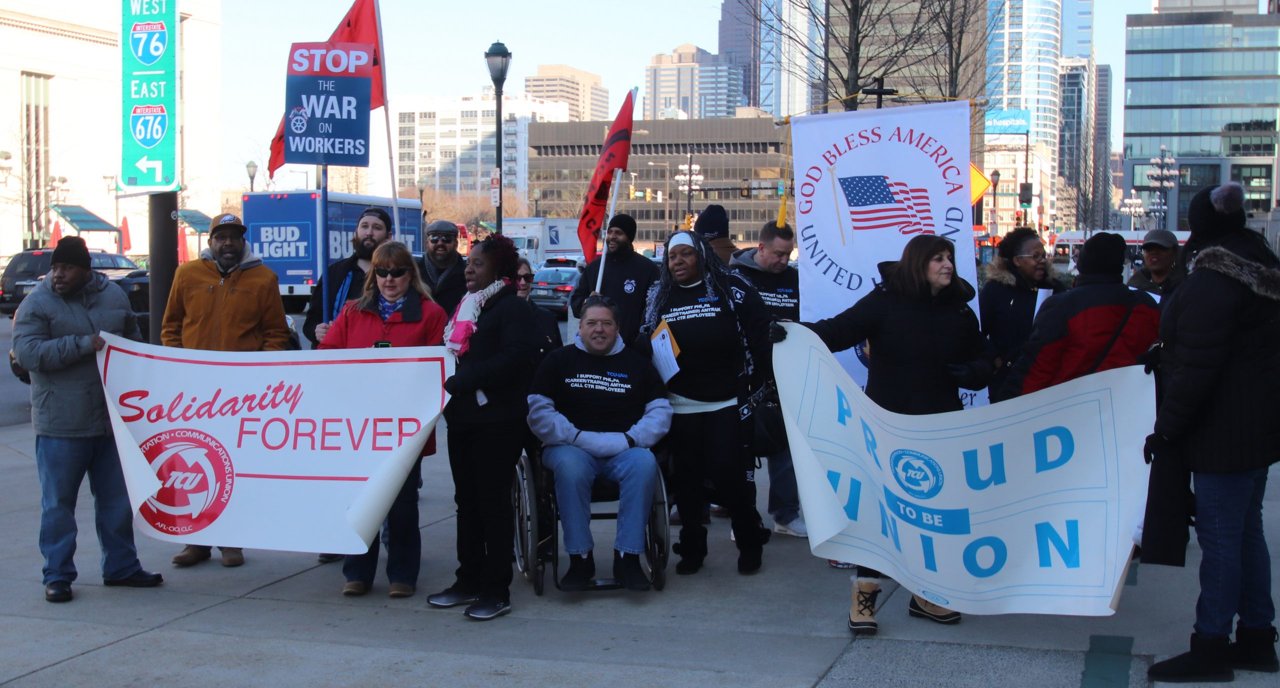 TCU-IAM Members, Lawmakers Rally Against Outsourcing of Amtrak Call-Center Jobs in Philadelphia.