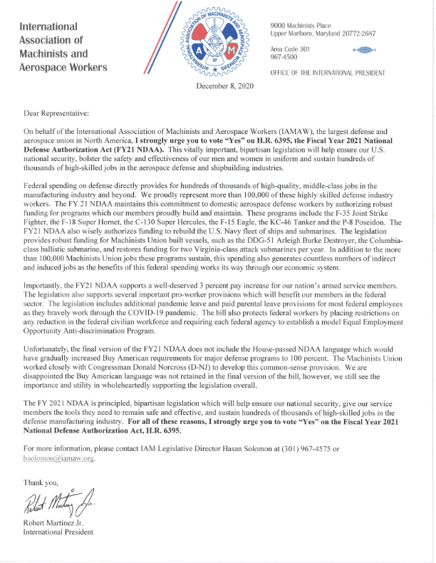 Machinists Union Strongly Supports the National Defense Authorization Act, H.R. 6395 lm (1)