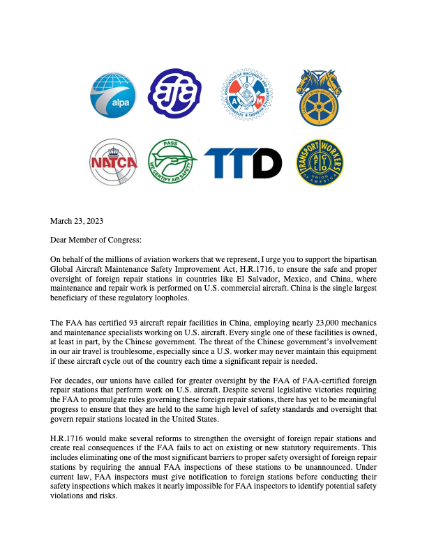 Union_Support_Letter_for_HR_1716_Global_Aircraft_Maintenance_Safety_Improvement_Act_3-23-23