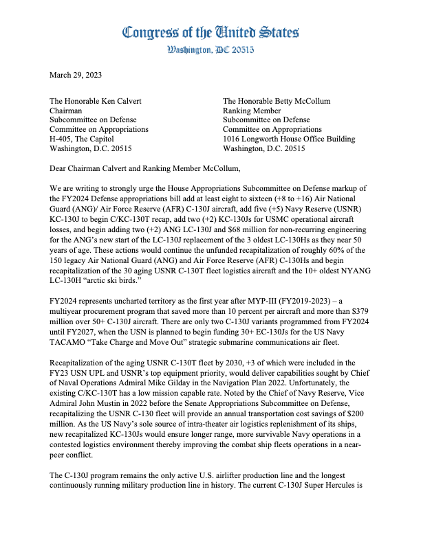 FY24 C-130 Appropriations Letter