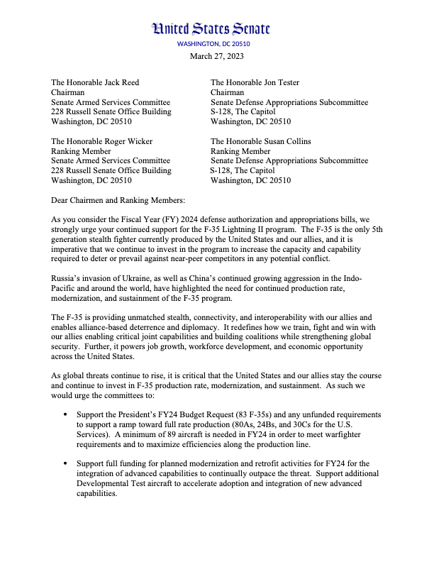 FY24 Senate F-35 Support Letter Final