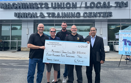 Illinois Congressman Raja Krishnamoorthi Presents $850K in Funding to IAM Local 701’s Apprenticeship Facility