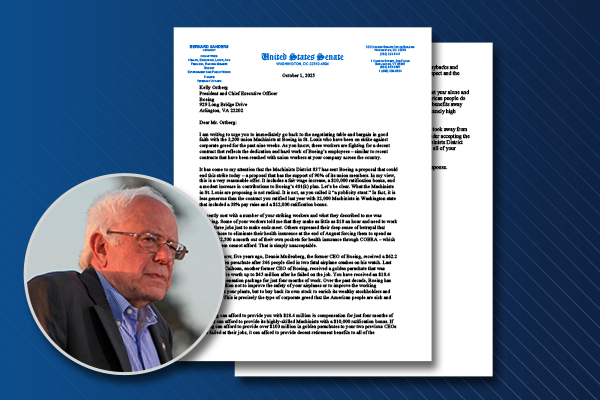 Bernie Sanders Urges Boeing CEO Ortberg to End St. Louis Strike, Supports IAM Union District 837 Members