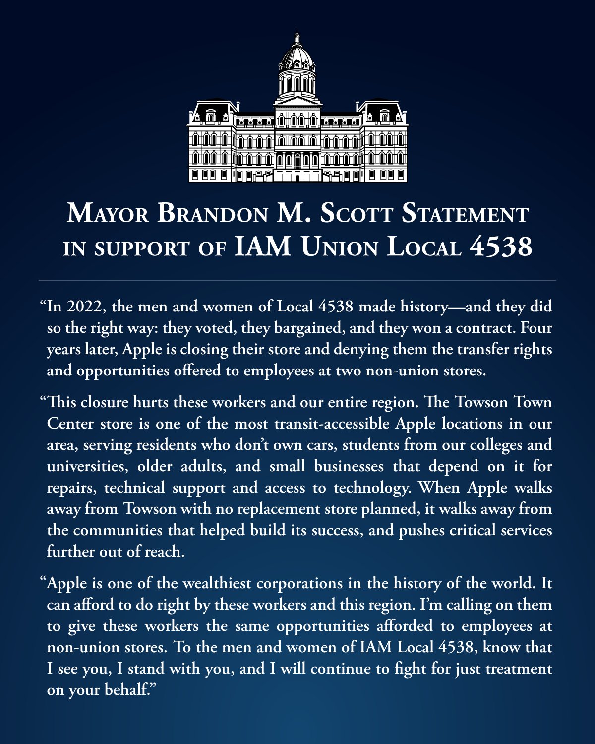 IAM Union Applauds Baltimore Mayor Brandon M. Scott for Standing with IAM Local 4538 Members at Apple’s Towson Center